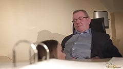 Secretary caught coworker sucking the old boss under desk