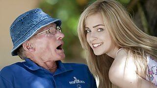 Beautiful teen sucks grandpa outdoors and she swallows it all