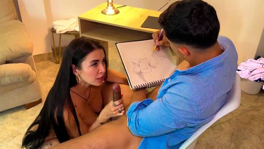 Artist can’t contain himself and masturbates while drawing the big tits of Colombian Silvana Lee naked – Angel Cruz